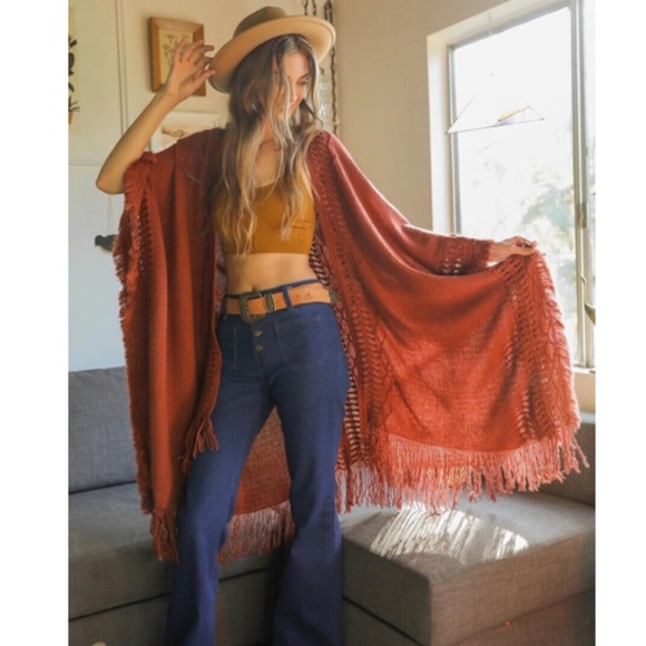 Sweaters - SOLD OUT Rust Knit Open Work Frayed Border Bohemian Ruana Wrap